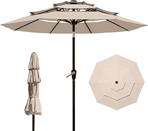 Patio Kingdom 10FT Patio Umbrella 3 Tiers Outdoor Market Umbrella w/Push Button Tilt, Cran