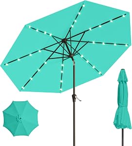 Patio Kingdom 9FT Solar Umbrella 32 LED Lighted Patio Umbrella Table Market Umbrella w/Til