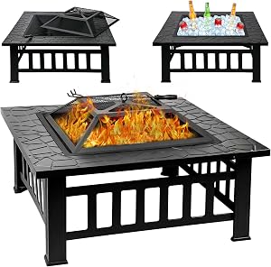 Quilushey 32 Inch Fire Pit Table with Fire Poker & Spark Screen, Outdoor Burning Fire 