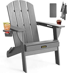 Folding Adirondack Chair, Wooden Textured Plastic Adirondack Chairs with 2 Cup Holder, Wea