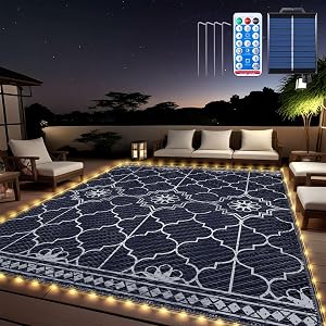 Lighted Outdoor Rug 8x10 ft, Solar Powered Patio Rug with 113 LED Lights, Waterproof Plast
