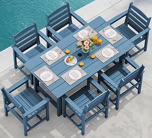 SERWALL 7-Piece Patio Dining Table Sets, Outdoor HDPE Dining Furniture Set with Umbrella H