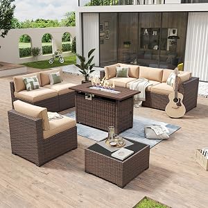 Aoxun 8 Piece Patio Furniture Set with 44” Fire Pit Table Wicker Rattan Outdoor Sectional