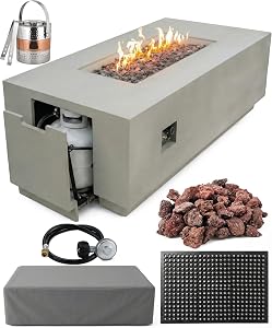 AMS Fireplace Genuine Concrete Rectangular Propane Fire Pit Table for Outside Patio (66&qu