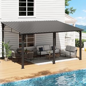 Aoxun 10' x 14' Lean to Gazebo, Upgraded Hardtop Outdoor Pergola with Sloping Galvanized S