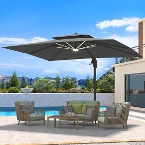 10 X 13 FT Cantilever Patio Umbrella with LED Lights Outdoor Heavy Duty Double Top Windpro