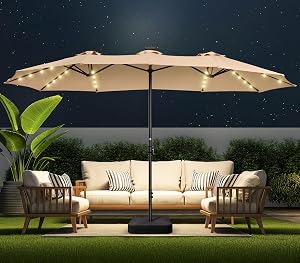 15ft Large Double Sided Patio Umbrella with 48 Solar LED Lights & Base Included, Heavy