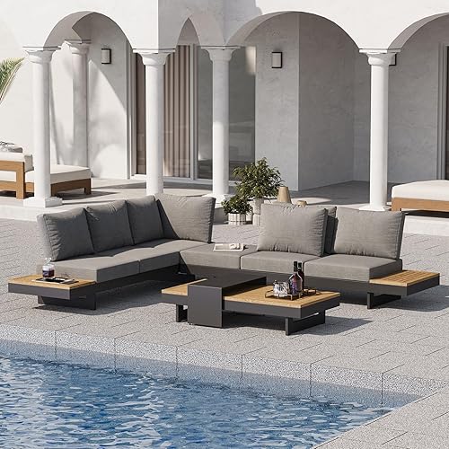 homary 4 Piece Outdoor Conversation Sets, Teak & Aluminum Modular Pati — Our recommended configuration for best results
