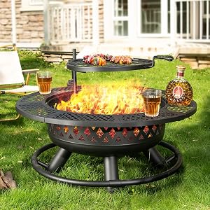 Panovue 36 Inch Fire Pit with Grill,Wood Burning Fire Pits for Outside with Lid& Fire
