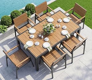 Vexwalx 7-Piece Outdoor Dining Set, Aluminum Dining Table Set for 6, Patio Table and Chair
