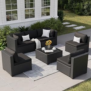 VONZOY Patio Furniture Set, 7-Piece Outdoor Sectional All-Weather Wicker Patio Conversatio