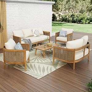 Merax 5-Piece Outdoor Acacia Wood Wicker Conversation Set with 3 Seater Sofa,Loveseat,2 Ch