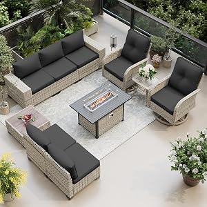 Muphyers 10-Piece Outdoor Patio Furniture Set with Rocking Swivel Chair, PE Wicker Rattan 