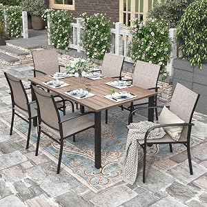 HERA'S HOUSE Patio Table and Chairs for 6, 7 Pieces Outdoor Deck Dining Sets, Wood-Like Re